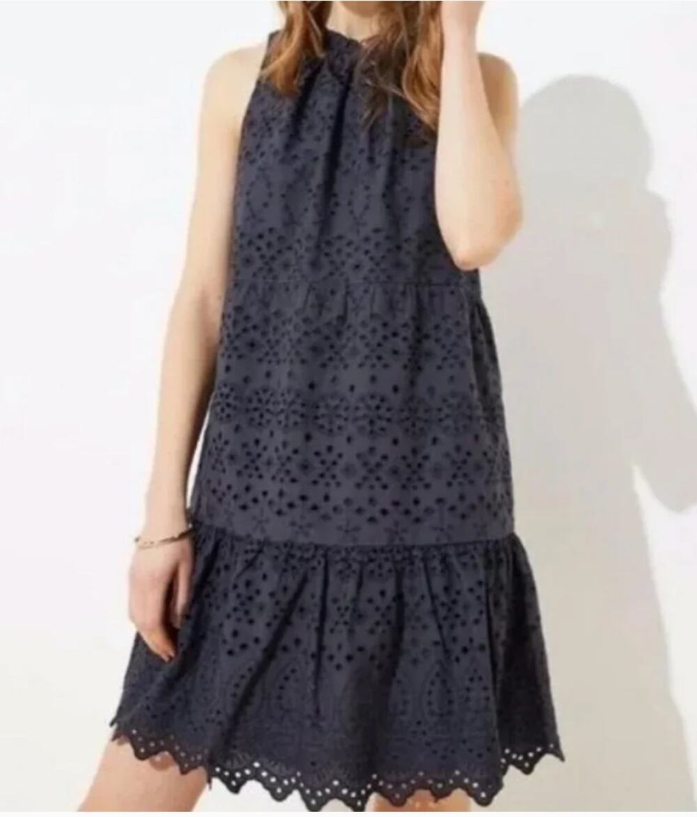 Loft Tiered Mini Dress Blue Eyelet Sleeveless 100% Cotton Cottage Preppy Wom XS
